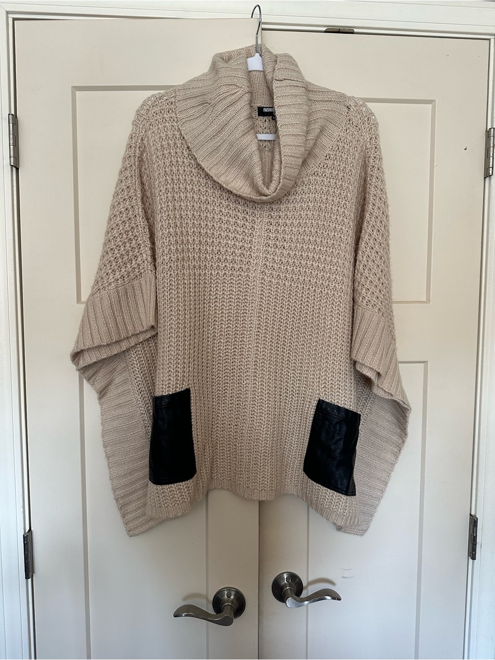 Fashion Union Beige Cowl Neck Poncho with Black Faux Leather Pockets